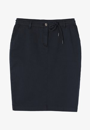 Fustă conică bleumarin din bumbac, cu închidere prin două nasturi, talie cu șnur și două buzunare laterale. Textură netedă și lungime până la genunchi.