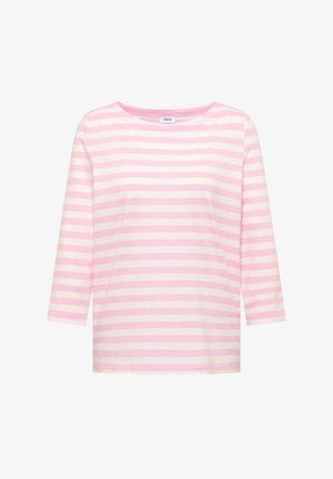 Langärmeliges Hemd mit pink-weißen horizontalen Streifen, Rundhalsausschnitt und lässiger Passform.