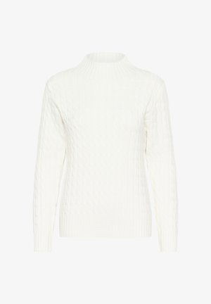 Baltos spalvos kabeliu megztas svarkas su aukštu kaklu, ilgomis rankovėmis ir tekstūrine raštu. Audinys atrodo minkštas ir šiek tiek tamprus.