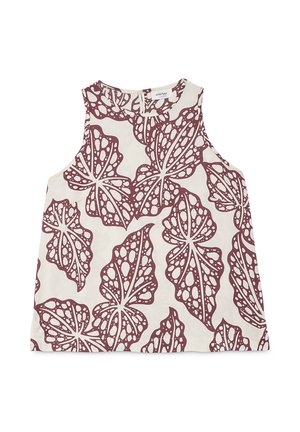 Haut blanc sans manches avec des motifs abstraits de feuilles marron et un col rond, étalé à plat sur un fond blanc.