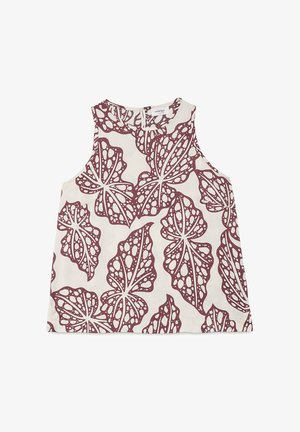 Haut blanc sans manches avec des motifs abstraits de feuilles marron et un col rond, étalé à plat sur un fond blanc.