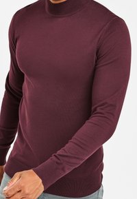 Mann trägt einen enganliegenden, kastanienbraunen Pullover mit langen Ärmeln und Rollkragen, kombiniert mit hellgrauen Hosen, und steht vor einem weißen Hintergrund.