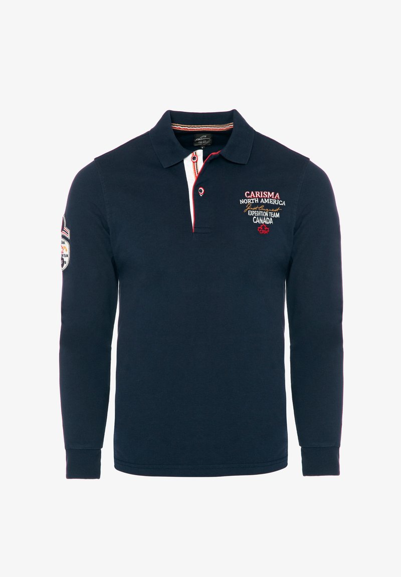 Marineblå langærmet polo skjorte lavet af bomuld, med en to-knaps placket, kontrasterende krave og broderede grafiske detaljer på brystet og ærmet.