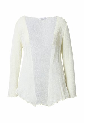 Strukturiertes Langarm-Cardigan in hellem Creme, mit offenem Front, geschichtetem Design und ungleichmäßigem Saum. Aus weichem Strickmaterial.