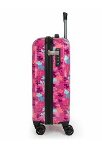 Valigia rigida con motivo floreale nei colori rosa, viola e azzurro chiaro. Dotata di manico retrattile, lucchetto a combinazione e quattro ruote.