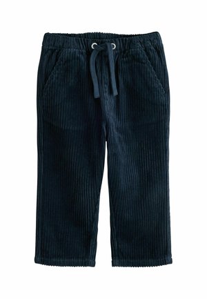 Dark blue corduroy pants with elastic waistband and front drawstring, featuring two side pockets.