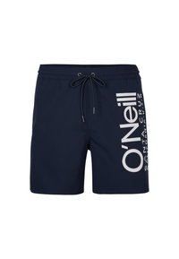 Pantaloni scurți de baie bleu închis, fabricați dintr-un material ușor, având o talie cu șnur și un mare logo alb imprimat pe lateral.
