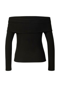 Schwarzes Off-Shoulder-Oberteil mit langen Ärmeln, gerippter Textur und weit gefaltetem Ausschnitt. Verfügt über eine figurbetonte Passform und einfarbige Gestaltung.