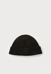Black knit beanie hat with a folded cuff, featuring vertical ribbing and a rounded top design. Soft texture, minimalistic style.