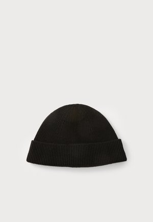 Black knit beanie hat with a folded cuff, featuring vertical ribbing and a rounded top design. Soft texture, minimalistic style.