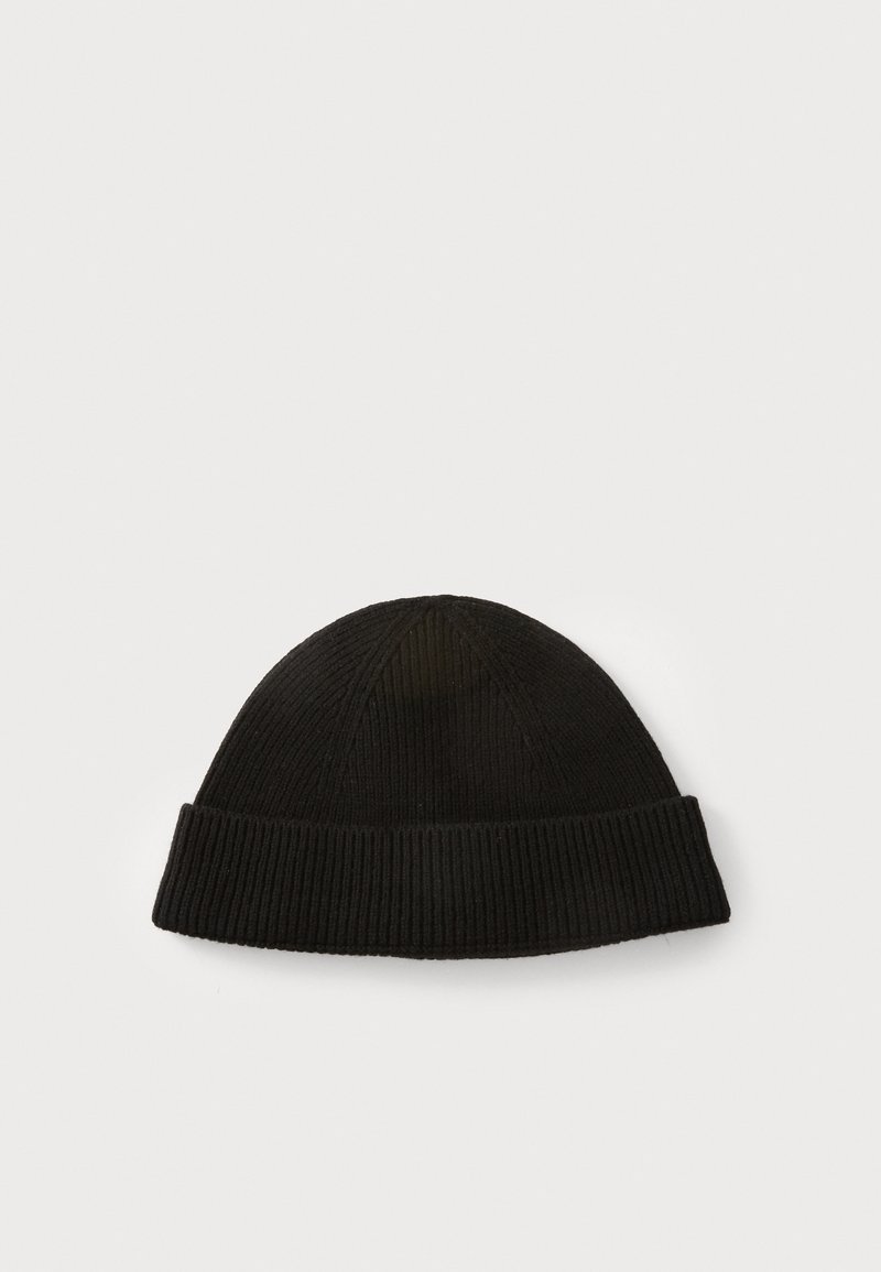 Black knit beanie hat with a folded cuff, featuring vertical ribbing and a rounded top design. Soft texture, minimalistic style.