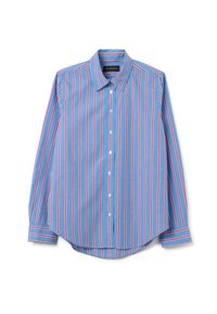 Camisa abotonada en azul con rayas verticales en rosa y blanco. Presenta un cuello clásico y mangas largas con puños. Textura suave.