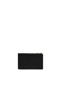 Black leather wallet with a textured finish, featuring a zipper closure and several card slots on one side. Compact rectangular shape.