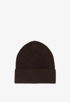 Dunkelbraune Strickmütze mit gerippter Textur und umgeschlagenem Bündchen, die ein weiches, flexibles Material und ein schlankes Design zeigt.