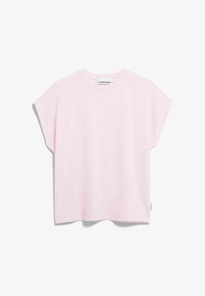 Hellrosa T-Shirt mit kurzen Ärmeln und Rundhalsausschnitt, locker geschnitten, mit kleinem Markenlabel nahe Kragen und Saum.