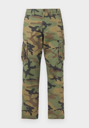 Men's cargo pants with green, brown, and black camouflage pattern, featuring button closure, belt loops, and side flap pockets.
