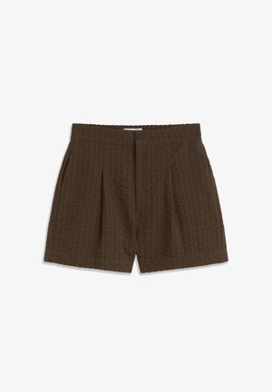 Hnedé šortky zo štruktúrovanej látky s gombíkom a zipsovým zapínaním, prednými záhybmi a rovnými lemami.