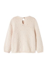 Lys rosa strikkegenser med lange ermer, rund hals og knappeåpning bak. Har teksturerte prikkmønstre over hele genseren.