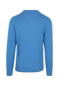 Blue knitted sweater with long sleeves, round neck, ribbed cuffs and hem, smooth texture, and even color distribution.