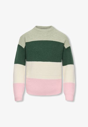Knit sweater with crew neck featuring green, cream, and pink horizontal stripes. Textured fabric; long sleeves and ribbed cuffs.