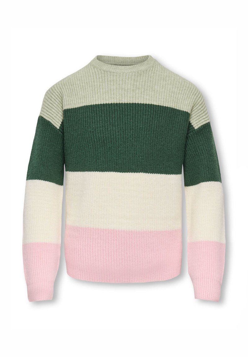 Kötött pulóver kerek nyakkal, zöld, krémszín és rózsaszín vízszintes csíkokkal. Texturált anyag; hosszú ujjú és bordázott mandzsettával.