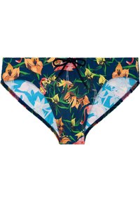 Schwimmslips aus dunklem Stoff mit einem floralen Muster aus orangefarbenen Blumen und pinken Flamingos. Mit einem schwarzen Kordelzug in der Taille.