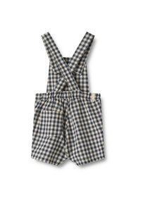 Blå och beige rutiga byxor med korsade band och en bakficka, designade för en liten.