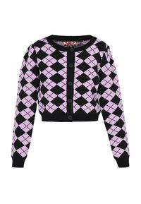 Čierny a ružový kardigán s argyle vzorom, skrátený, s dlhými rukávmi, okrúhlym výstrihom a predným zapínaním na gombíky. Mäkko pletená textúra.