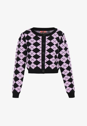 Čierny a ružový kardigán s argyle vzorom, skrátený, s dlhými rukávmi, okrúhlym výstrihom a predným zapínaním na gombíky. Mäkko pletená textúra.