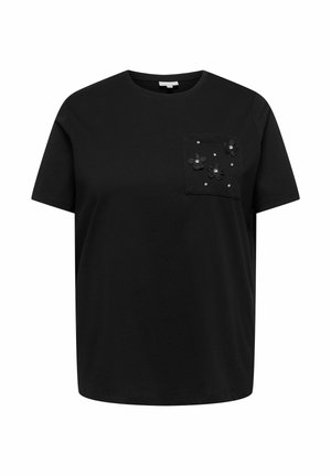 Zwart T-shirt met korte mouwen en ronde hals, voorzien van een borstzakje aan de voorkant links, versierd met drie stoffen bloemen en kleine studs.
