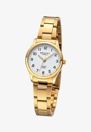Montre-bracelet en métal doré avec cadran blanc, chiffres noirs, trois aiguilles dorées et bracelet à maillons, nom de la marque « Regent » affiché.
