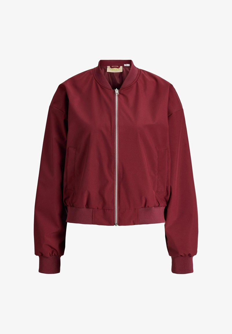 Veste bomber bordeaux avec fermeture éclair sur le devant, col et poignets côtelés, et poches latérales. Fabriquée en tissu lisse avec une coupe décontractée.