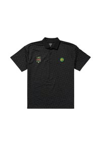 Black polo shirt with geometric pattern, features green emblem and colorful graphic on left chest, short sleeves, and collared neck.