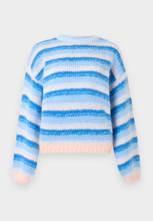 Pull rayé en tissu tricoté doux, avec des rayures horizontales bleues et roses, col rond et manches longues avec poignets et ourlet côtelés.