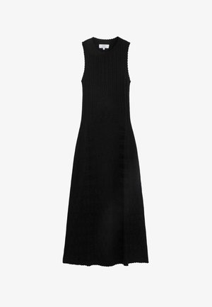 Robe midi noire en maille sans manches avec encolure ronde et motif texturé subtil, ajustée sur le haut et s'évasant légèrement vers l'ourlet.