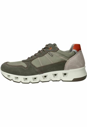 Casual sneaker with mixed olive green and gray suede panels, orange heel accent, mesh sides, patterned laces, and white sole with geometric cutouts.