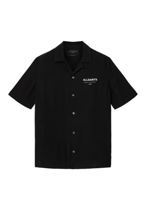 Schwarzes kurzärmeliges Hemd mit Knopfleiste und Kragen, mit weißem Schriftzug "ALLSAINTS LONDON" und japanischen Zeichen auf der linken Brust.