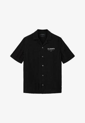 Schwarzes kurzärmeliges Hemd mit Knopfleiste und Kragen, mit weißem Schriftzug "ALLSAINTS LONDON" und japanischen Zeichen auf der linken Brust.