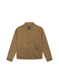 Brown denimjack met een kraag, voorste knoopsluiting, twee grote zijzakken en een klein logo op de borst.