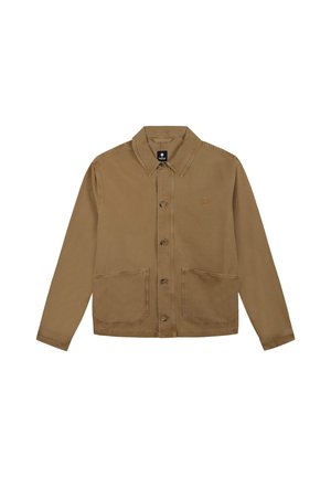 Brown denimjack met een kraag, voorste knoopsluiting, twee grote zijzakken en een klein logo op de borst.