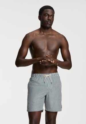 Shorts de bain pour hommes à rayures bleues et blanches, design décontracté, taille élastique avec cordon de serrage, en tissu léger.