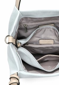Borsa a mano grigio chiaro con più scomparti con zip e tracolla in pelle beige, fodera interna con il logo "Emily & Noah".