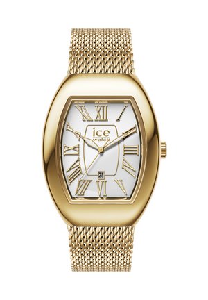 Zlatni sat s zaobljenim pravokutnim kućištem, bijelim brojčanikom, rimskim brojevima i mrežastim remenom. Ima prikaz datuma na dnu.