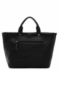 Black leather tote bag with textured surface, dual handles, and a zippered front pocket. Rectangular shape with metal accents.