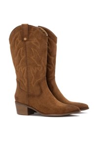 Botas de vaquero de ante marrón con puntas afiladas, detalles cosidos, un tacón bajo y un diseño decorativo a lo largo del cañón.