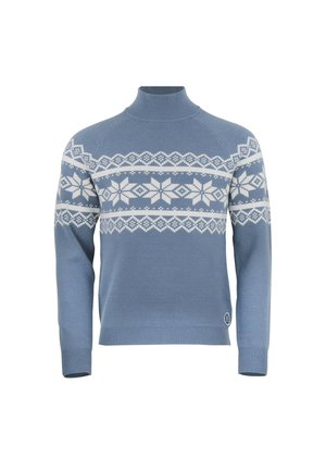 Pull à col roulé bleu avec des motifs blancs nordiques de flocons de neige et des motifs géométriques sur la poitrine et les parties supérieures des bras, poignets et ourlet côtelés.
