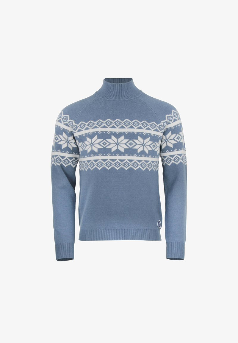 Pull à col roulé bleu avec des motifs blancs nordiques de flocons de neige et des motifs géométriques sur la poitrine et les parties supérieures des bras, poignets et ourlet côtelés.
