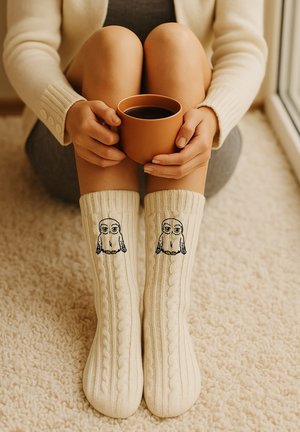 Knit cream-colored socks with cable pattern, featuring embroidered owl design on the front. Soft texture with ribbed cuffs.