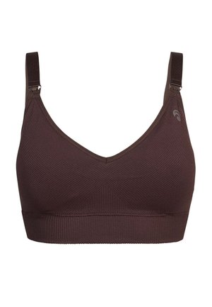 Nahtloser Still-BH aus dunkelbraun geripptem Stoff mit verstellbaren Trägern und vorderen Clips für einfachen Zugang beim Stillen.