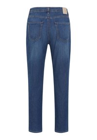 Dunkelblaue Jeans aus Denim mit geradem Bein, zwei Gesäßtaschen, kontrastierendem Stich und sichtbarem Taillenlabel.